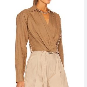 Marissa Webb Maxwell Linen Cross-Front Shirt Long Sleeve Sandalwood Beige Linen